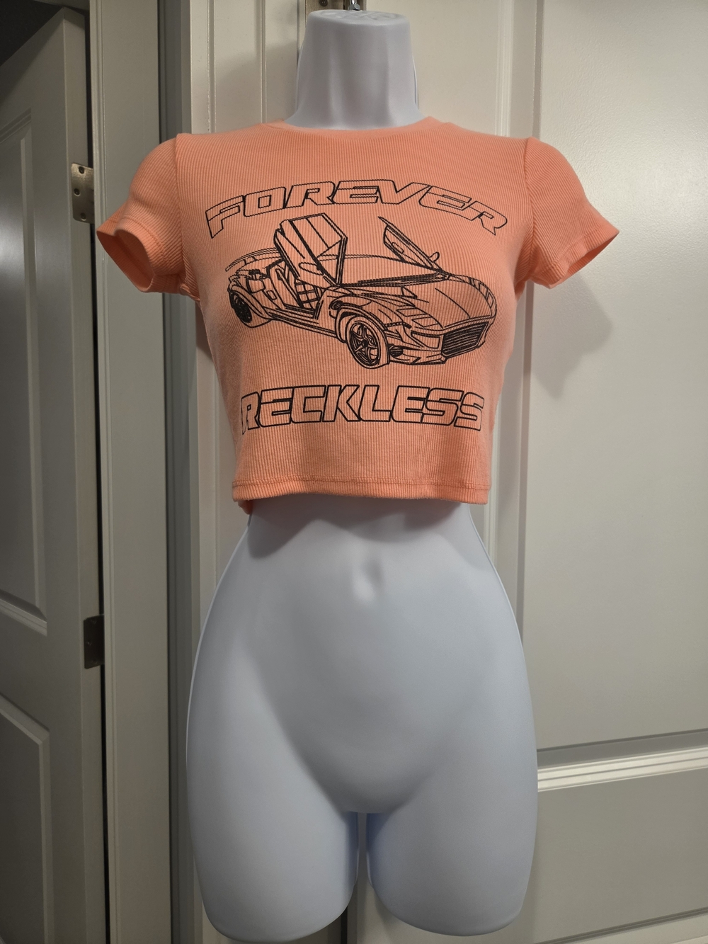 Bershka Forever Reckless Car Print Ribbed Crop Top Peachy Orange XS